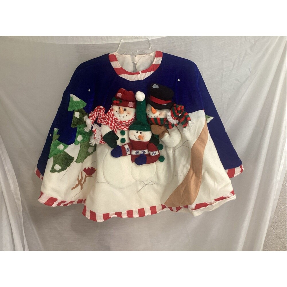 vtg christmas tree skirt 3D appliquéd family of stuffed snowmen 48” diameter
